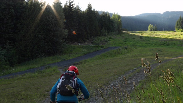 山地自行车手攀登穿过山林的小径视频素材