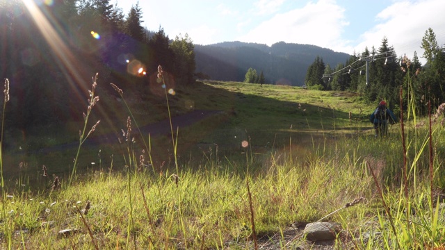 山地自行车手攀登穿过山林的小径视频素材