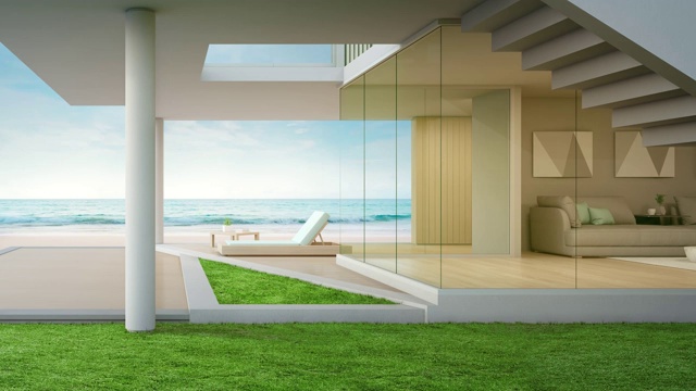 豪华海滨别墅，海景客厅和露台在现代设计。空木地板甲板在度假的家或酒店。视频素材