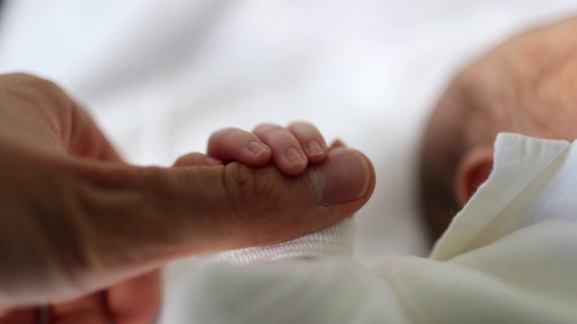 新生婴儿在生命的第一天握着父亲的手指视频素材