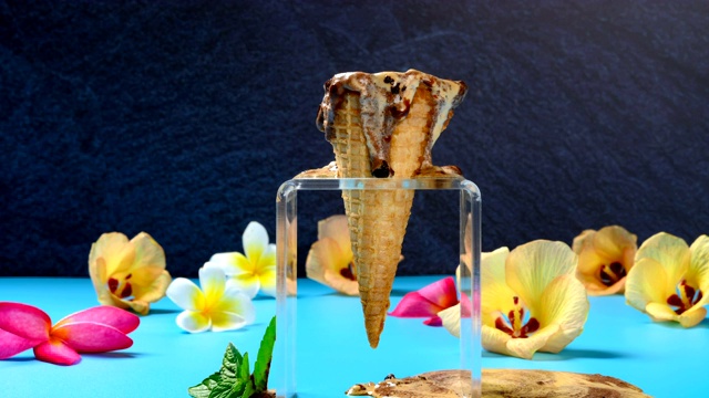 咖啡和巧克力口味的冰淇淋蛋筒挺立起来，在4K的背景鲜花中融化时光视频素材
