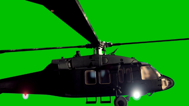 军用直升机黑鹰在绿色屏幕背景上飞行。电影3 d动画。视频素材