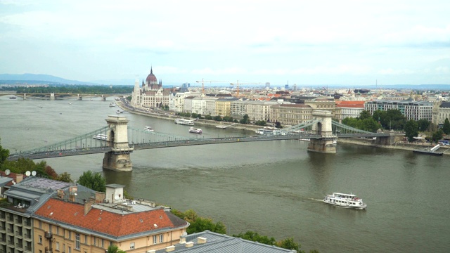 匈牙利布达佩斯，阴天下的铁链桥和议会视频下载