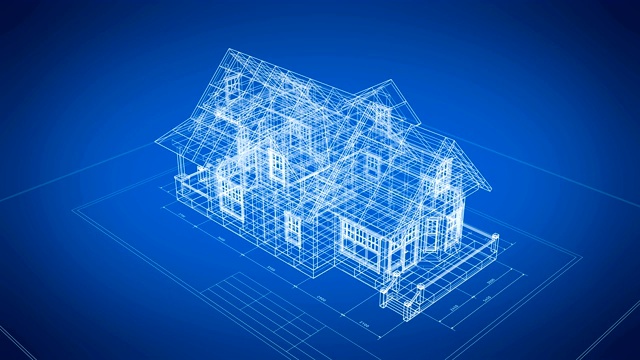 美丽抽象的房子建设三维网格蓝图在蓝色的背景。三维动画的建设过程在计划上。建筑业的概念。最后一个回合是可循环的。视频素材