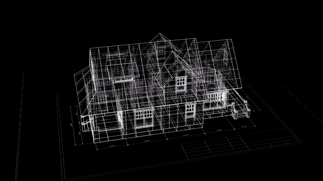 黑色背景平面上的三维别墅蓝图的建造过程。抽象住宅建筑的三维动画。建筑业的概念。最后一个回合是可循环的。视频素材