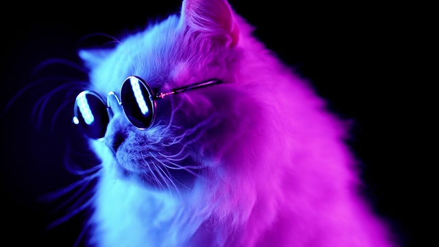 白色毛茸茸的猫在时尚眼镜肖像。工作室霓虹灯镜头。豪华的家猫在眼镜摆姿势在黑色的背景。视频素材