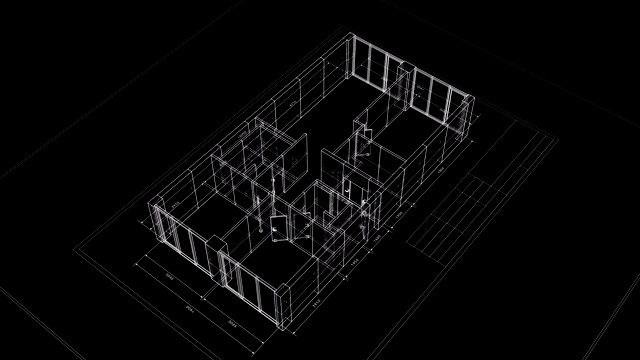黑色背景下的公寓建筑过程。最后一个回合是可循环的。循环三维动画旋转蓝图在网格网格。建筑业的概念。视频素材