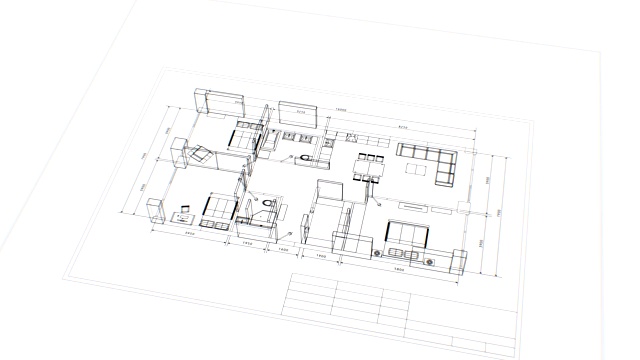白色背景下家具的公寓建筑过程。最后一个回合是可循环的。循环3d动画旋转蓝图。建筑业的概念。视频素材