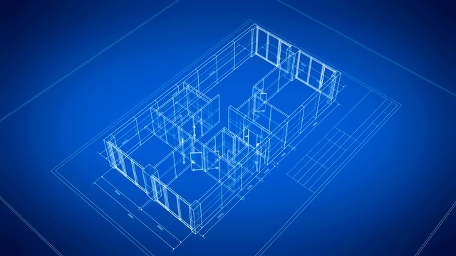 美丽的抽象3d蓝图公寓旋转在黑色和蓝色无缝。循环3d动画网格网格。建筑业的概念。视频素材