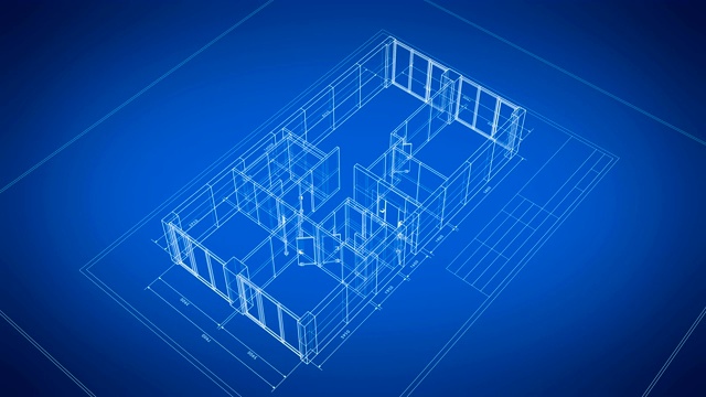 美丽的3d蓝图建筑公寓打开蓝色背景。最后一个回合是可循环的。循环三维动画抽象蓝图。建筑业的概念。视频素材