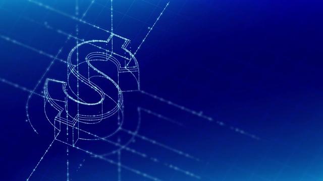 货币美元(美元)等距符号粒子线照明框架结构模式线框未来主义，数字货币加密货币概念上的蓝色背景动画4K视频素材