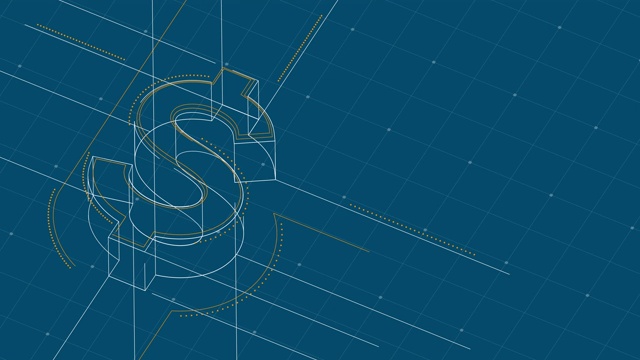 货币美元等距符号点和虚线框架结构模式线框架，数字货币加密货币概念上的蓝色背景动画4K视频素材