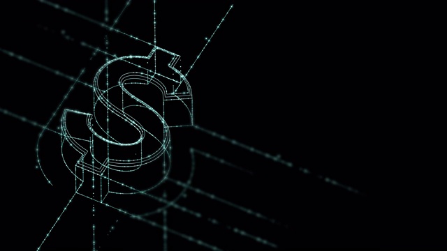 货币美元(美元)等距符号粒子线照明框架结构模式线框未来主义，数字货币加密货币概念上的黑色背景动画4K视频素材