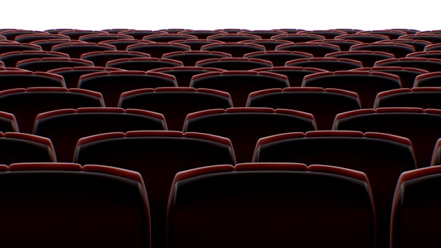 移动在椅子后面的抽象电影大厅与白色屏幕无缝。循环3d动画一排排的座位在电影院。艺术与媒体概念。视频素材