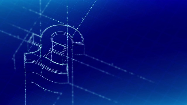 货币英镑(Pound Sterling)等距符号粒子线照明框架结构模式线框未来主义，数字货币加密货币概念上的蓝色背景动画4K视频素材