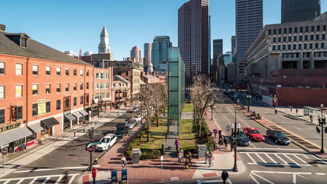 延时:航拍波士顿市政厅和美国市中心的公共市场视频素材