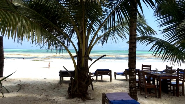 沙滩上的躺椅在棕榈树下，小女孩在沙滩上玩耍视频素材