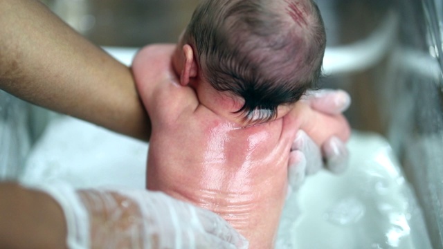 新生婴儿在医院里第一次洗澡视频素材