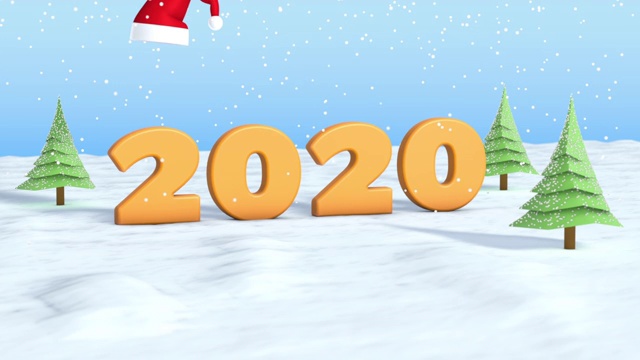 2020年新年祝福卡片，上面有飘落的雪花、橙色数字、圣诞树、圣诞帽和蓝天。3 d渲染。动画视频素材