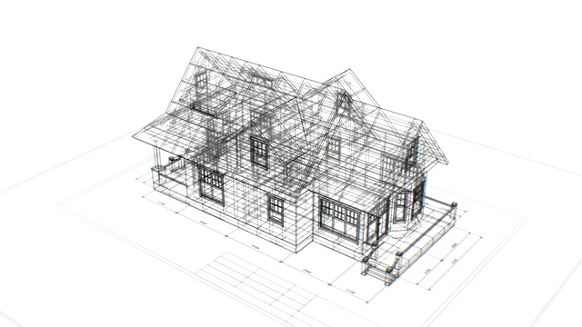 房屋建设美丽的三维蓝图网格在白色。建筑过程的三维动画在平面图上。建筑业务和技术概念。最后一圈是循环。视频下载