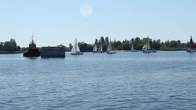 2019年6月1日，乌克兰，科尔森。在第聂伯河上进行帆船比赛的小船。视频素材