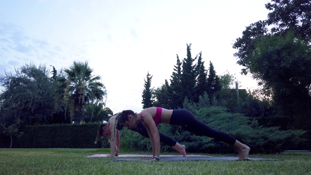 两个女人在公园里练瑜伽视频素材