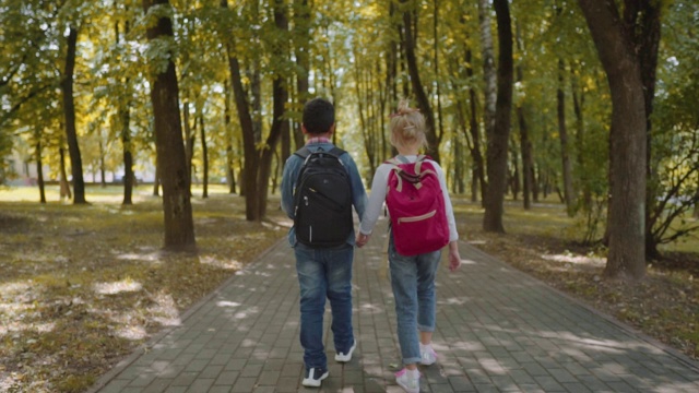 两个背着背包的朋友去上学。在公园里散步的混合种族学校的孩子的后视图。慢动作镜头视频素材