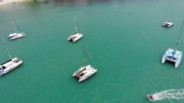 游艇在平静的海湾中漂浮。许多豪华的帆船漂浮在碧绿的海湾宁静的水面上。苏梅岛是泰国东方的天堂岛视频下载