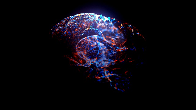 旋转MRI扫描人类的大脑与发光的蓝色和橙色粒子和三角形可循环的药物镜头视频下载