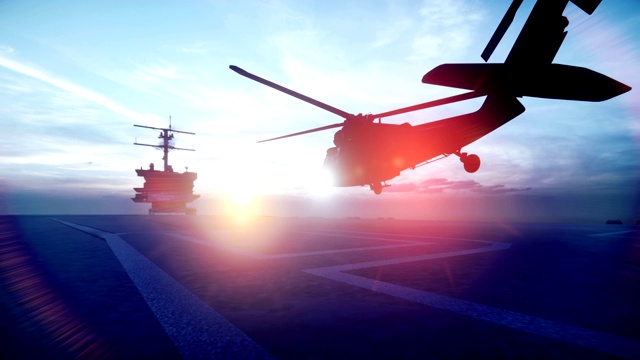 清晨，一架军用直升机“黑鹰”从一艘航空母舰上起飞，这是无边无际的蓝色海洋视频素材