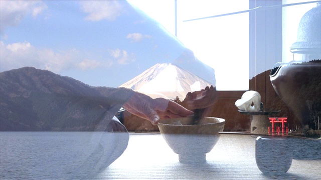 传统茶道“茶道”与富士山和石湖视频下载