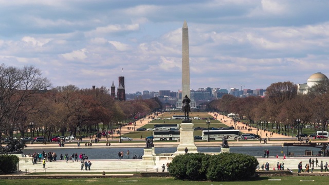 4K时间推移的华盛顿纪念碑在国家广场反射池和林肯纪念堂从美国首都华盛顿，美国，建筑和吸引力概念视频素材