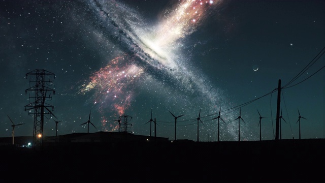 空间漩涡星系。风力涡轮机轮廓视频下载