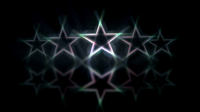 5星客户产品评价评论。一排排的霓虹灯闪烁着星星，映照在地板上，闪烁着动画。视频素材