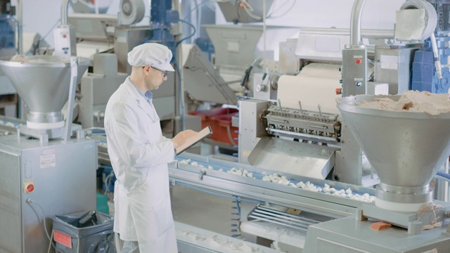 年轻男性质量主管或食品技术员正在检查饺子食品厂的自动化生产。7 .员工使用平板电脑工作。他戴着白色卫生帽和工作袍。视频素材
