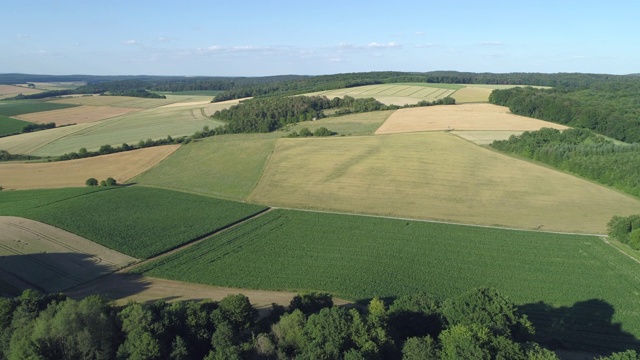 农村景观中的农田鸟瞰图。法兰克尼亚,巴伐利亚,德国。视频素材