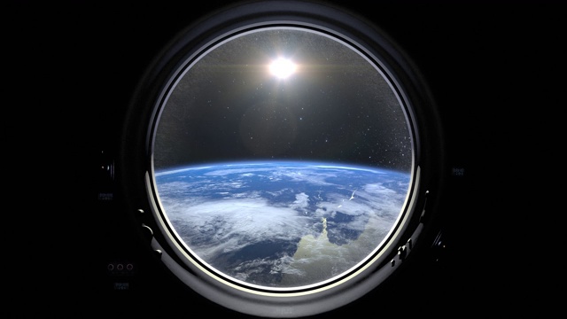 从宇宙飞船的舷窗看到的地球。国际空间站绕地球运行。现实的气氛。3 d体积云。空间。国际空间站。4 k。视频素材