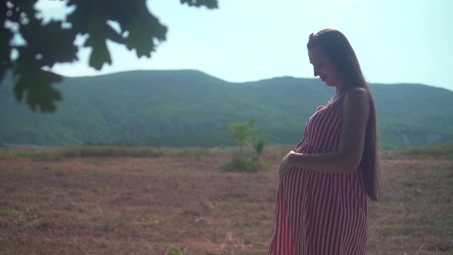 年轻的怀孕迷人的女孩在晴朗的天气穿着红色和白色的条纹连衣裙在夏天。视频素材