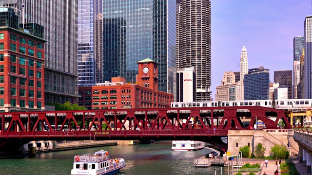 芝加哥商业区，桥，船，公司大楼，天视频素材