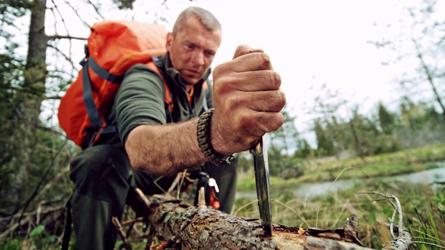 SLO MO男性野外生存专家将一把刀插进树干视频素材