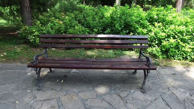 古色古香的木凳在公园里，有石头人行道或小径和绿树草视频下载