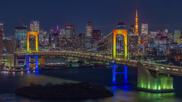 东京塔和彩虹桥的时间在夜间，宽视频下载