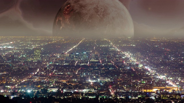 在未来世界中，行星在城市天际线上冉冉升起视频素材