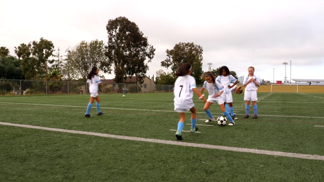 年轻的女足球运动员在比赛前进行防守训练视频素材