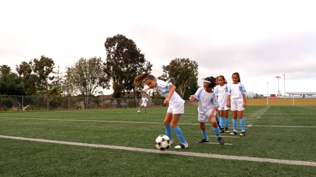 年轻的女足球运动员在比赛前进行防守训练视频素材