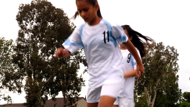 年轻的女足队员一起进行热身训练视频素材