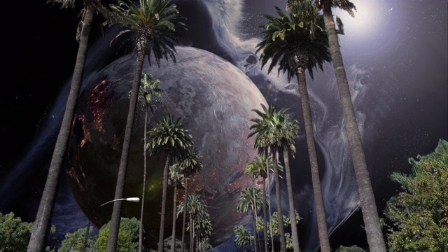 未来世界里，棕榈树大道上的星球视频素材