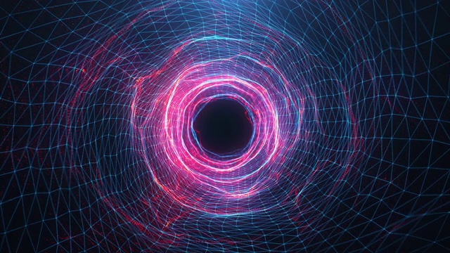抽象运动数字虫洞，隧道组成的蓝色和红色闪闪发光的粒子和线。穿越数字网络的美丽蓝色和红色粒子。无缝可循环3D 4K动画视频素材