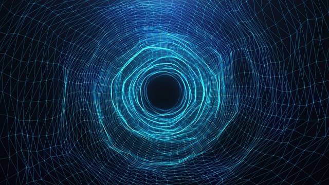抽象运动数字虫洞，隧道组成的蓝色闪烁粒子和线。穿越数字网络的美丽蓝色粒子。无缝可循环3D 4K动画视频素材