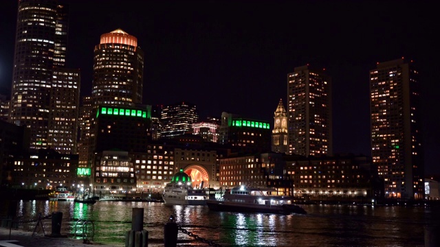 美国波士顿海港城市夜景的4k镜头场景视频素材